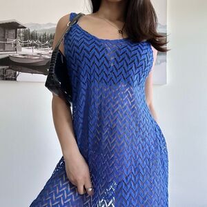 y2k 2000s blue open knit beach cover up dress